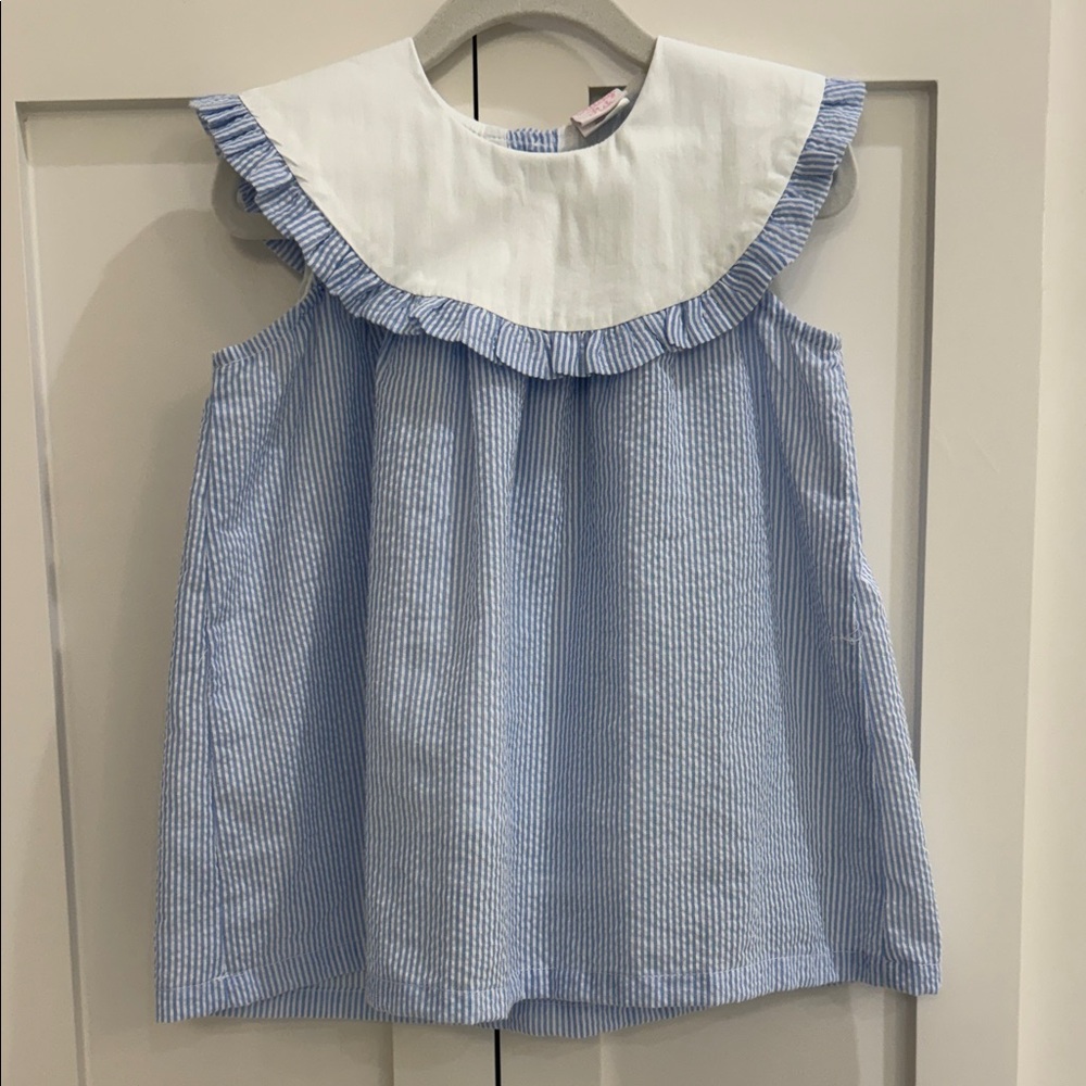Stitchy Fish Peyton Dress in Blue Seersucker 18M